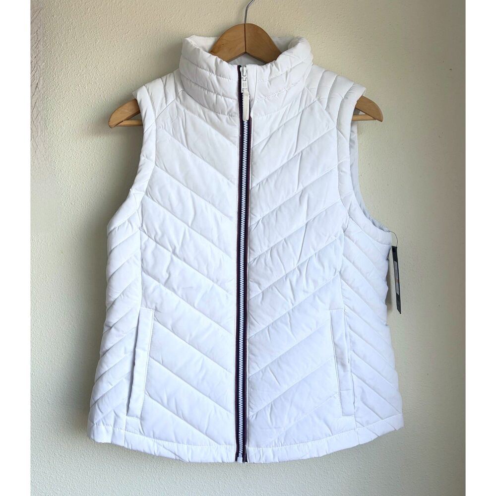 NWT TOMMY HILFIGER White Quilted Puffer Vest Chevron Gilet Womens Small